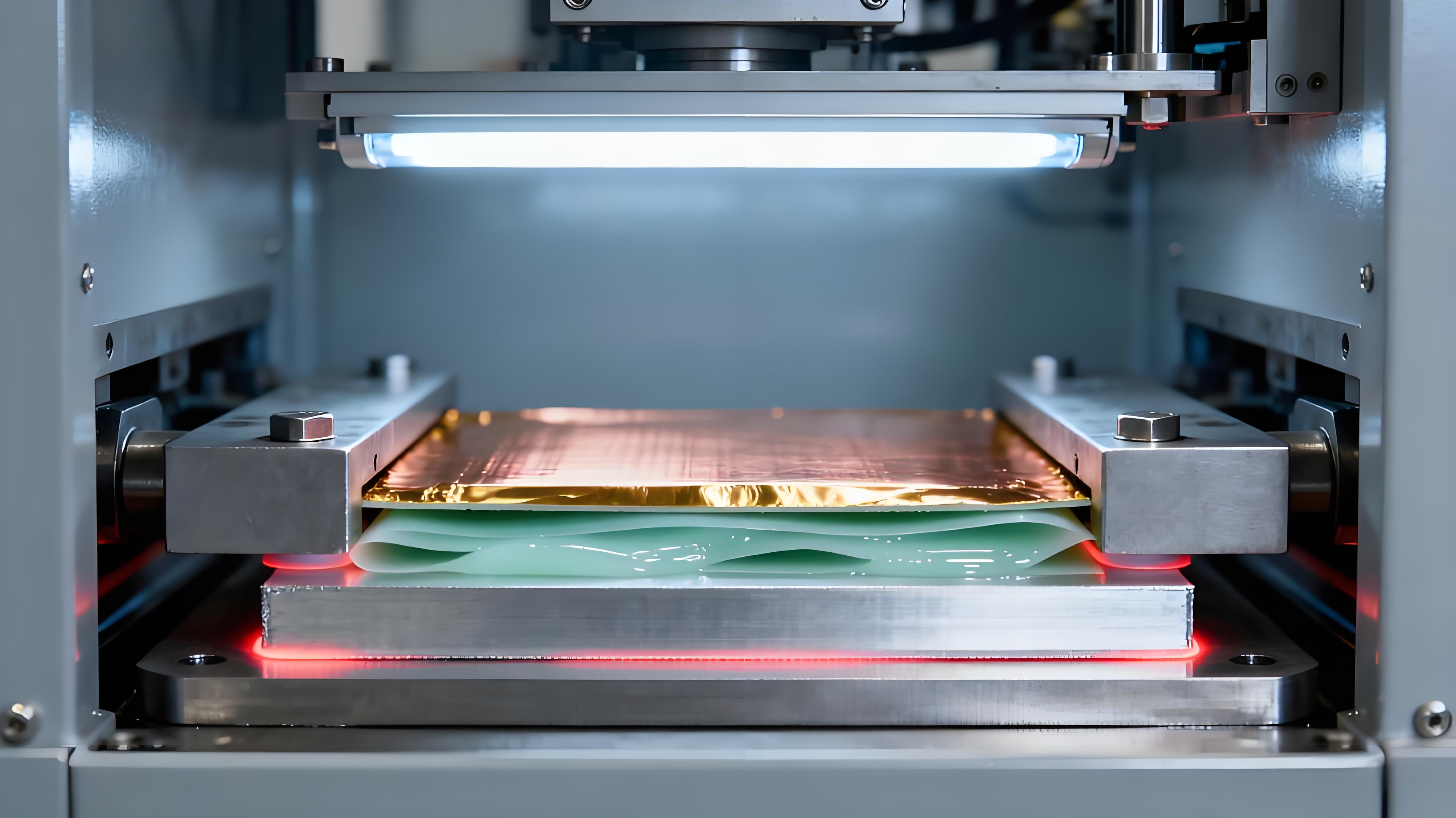 铝基板绝缘层压合工艺场景，铜箔、导热绝缘胶膜与铝板在高温高压下紧密贴合