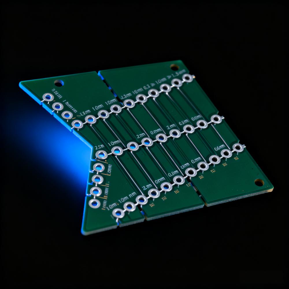 PCB异形拼板邮票孔连接特写，1.0mm孔径+2.5mm孔间距，连接筋宽度0.6mm远离BGA焊盘