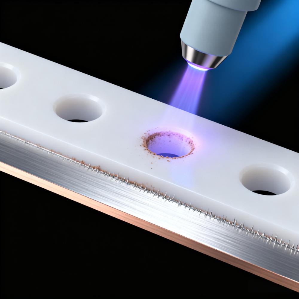 PTFE PCB钻孔后等离子体去钻污场景,淡紫色等离子体去除孔壁残留钻污 PTFE PCB钻孔后等离子体去钻污场景,淡紫色等离子体去除孔壁残留钻污