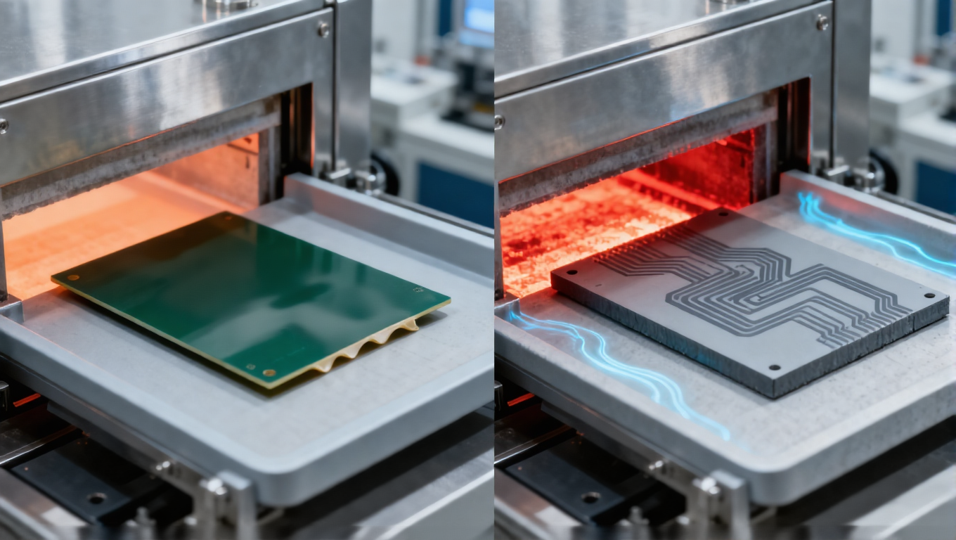 LTCC与HTCC烧结工艺对比场景，850-900℃淡橙色光适配银浆线路，1600-1800℃深红色光适配钨浆线路