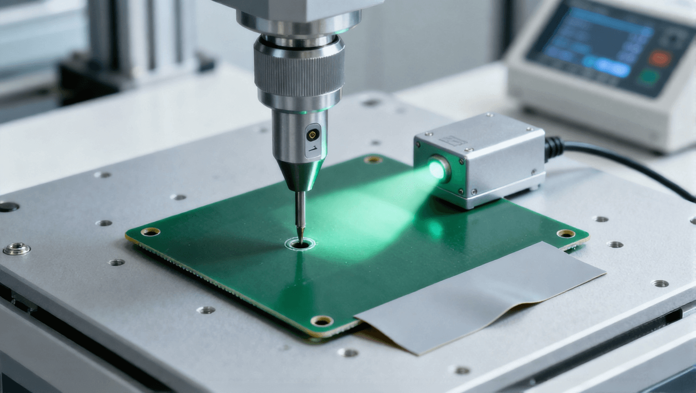 PCB沉头孔压力感应技术加工场景，淡绿色光影反馈钻削阻力变化