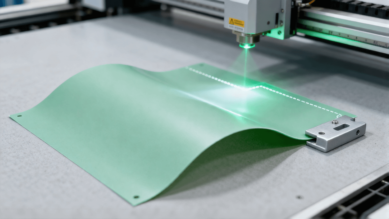 柔性 PCB 激光轮廓切割场景，淡绿色激光无应力切割 PI 板边缘整齐