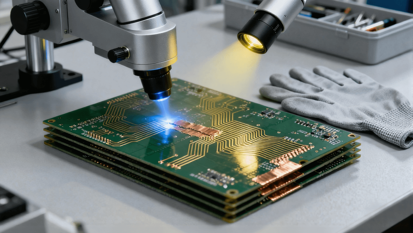 PCB 线路缺陷激光修复场景，淡蓝色微光束微米级切除多余铜箔修复短路