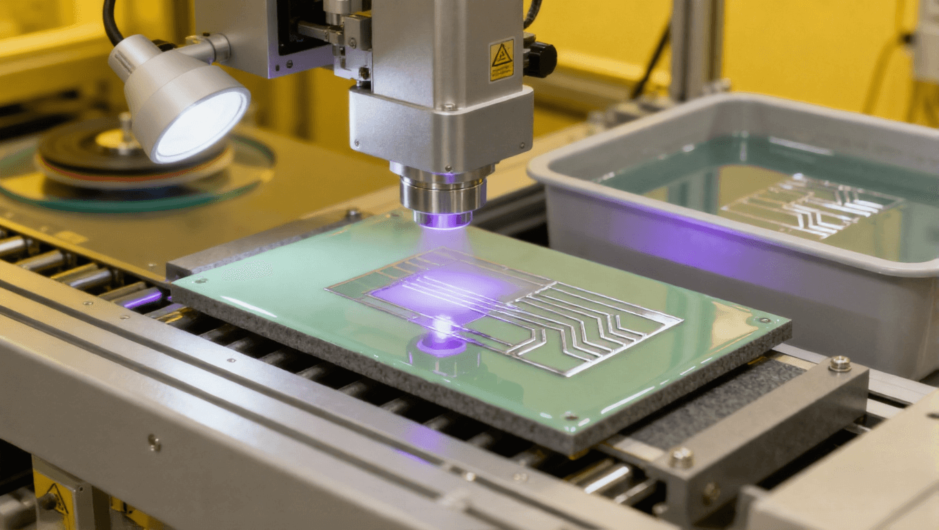 陶瓷板光刻图形化场景，紫外曝光 + 显影液露出银色铜种子层图形