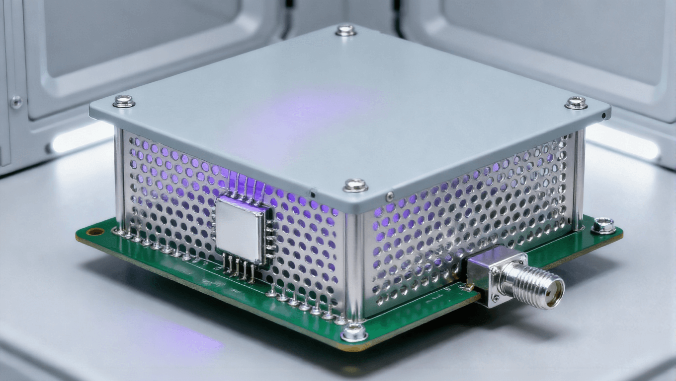 射频前端 PCB 屏蔽防护场景，过孔墙 + 金属屏蔽罩实现 70dB@10GHz 隔离度