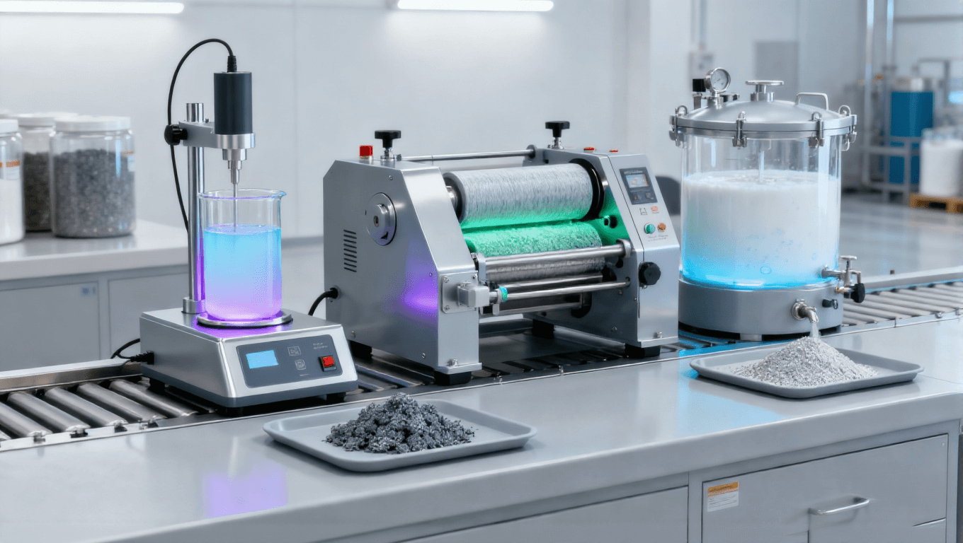 石墨烯多级分散工艺场景，超声+三辊研磨+脱泡实现颗粒＜2μm均匀分散