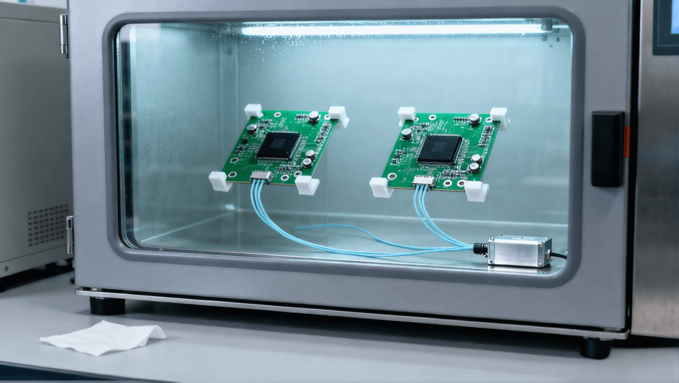 PCB高温高湿老化测试 恒温恒湿箱 架空固定PCB板 数据采集线