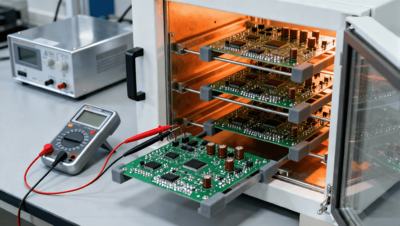 PCB高温老化测试 可编程高温箱 绿色PCB板 万用表连接测试