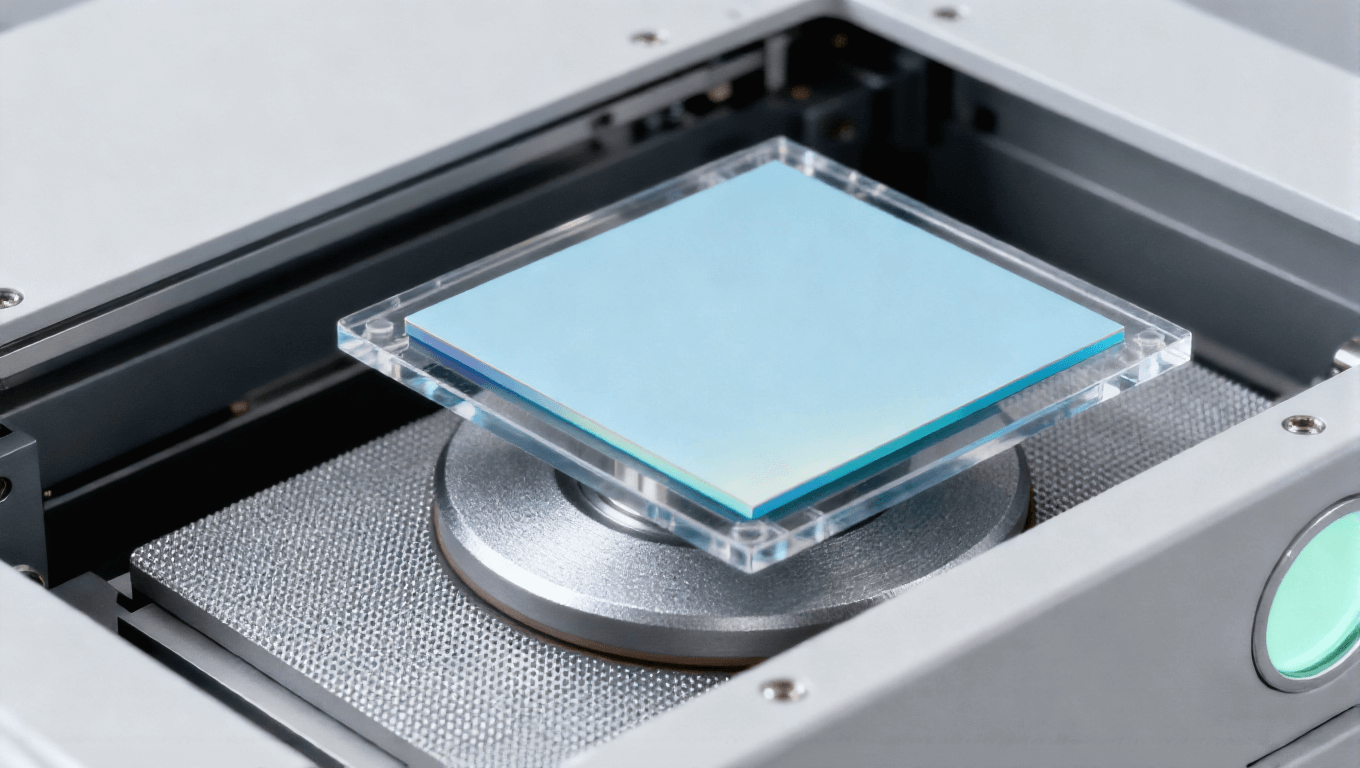 芯片减薄工艺，淡蓝色芯片与研磨头，减薄设备内部场景