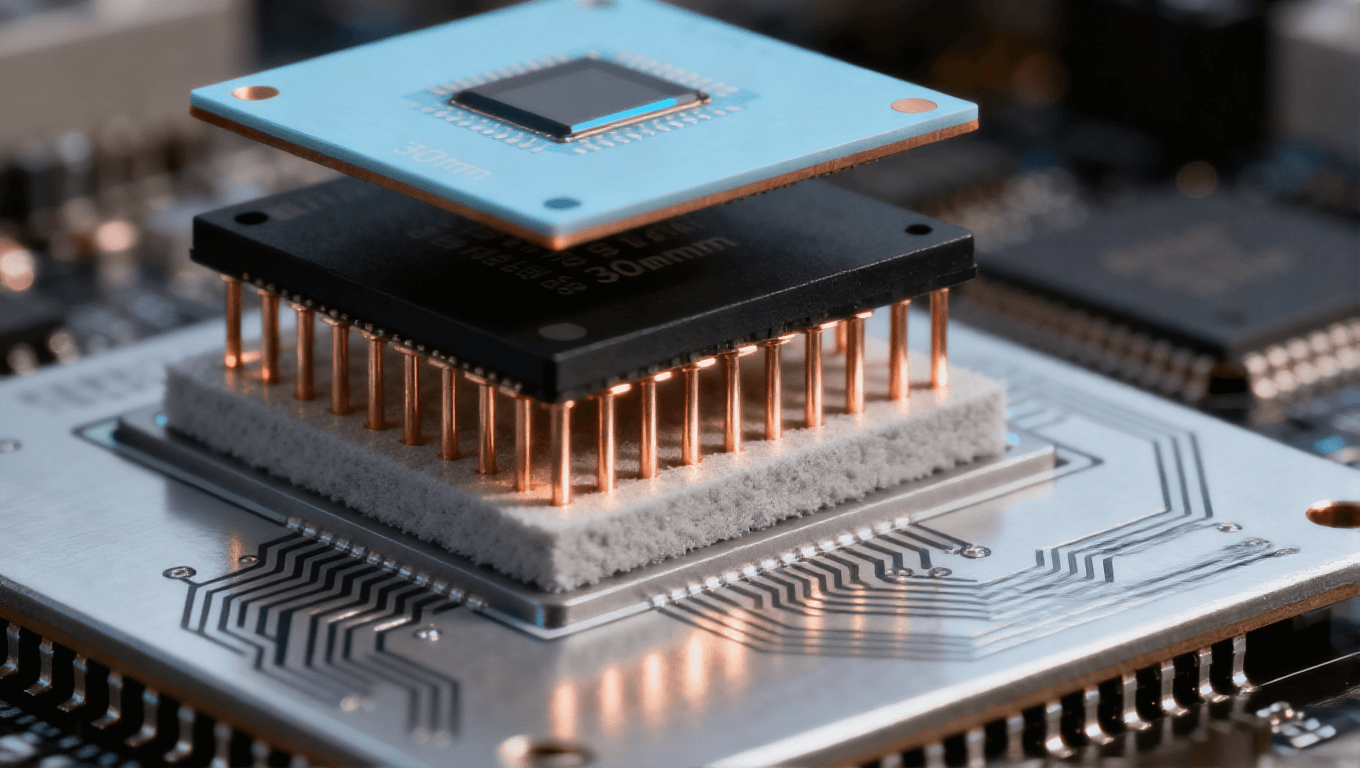 三维堆叠异质芯片逻辑 - 存储 - 传感器芯片与铜柱连接