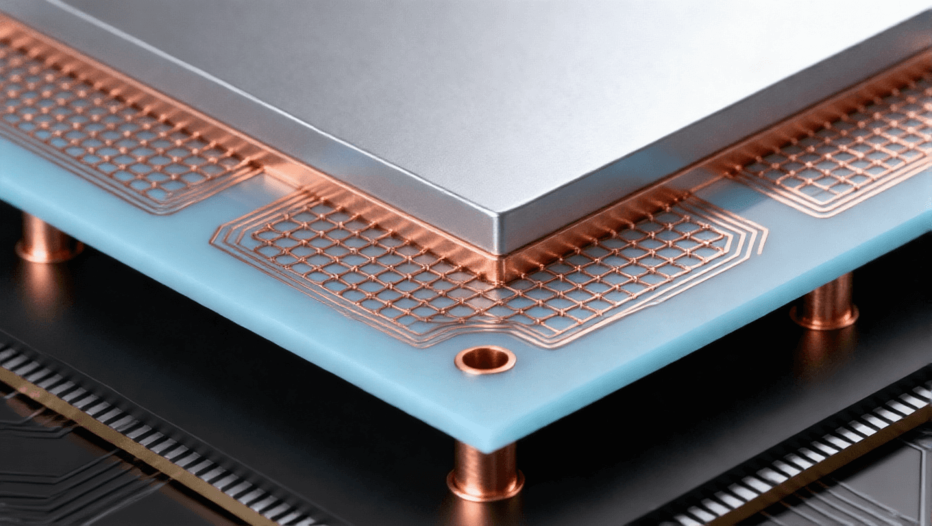 三维堆叠硅中介层，淡蓝色硅片与铜色互连线路