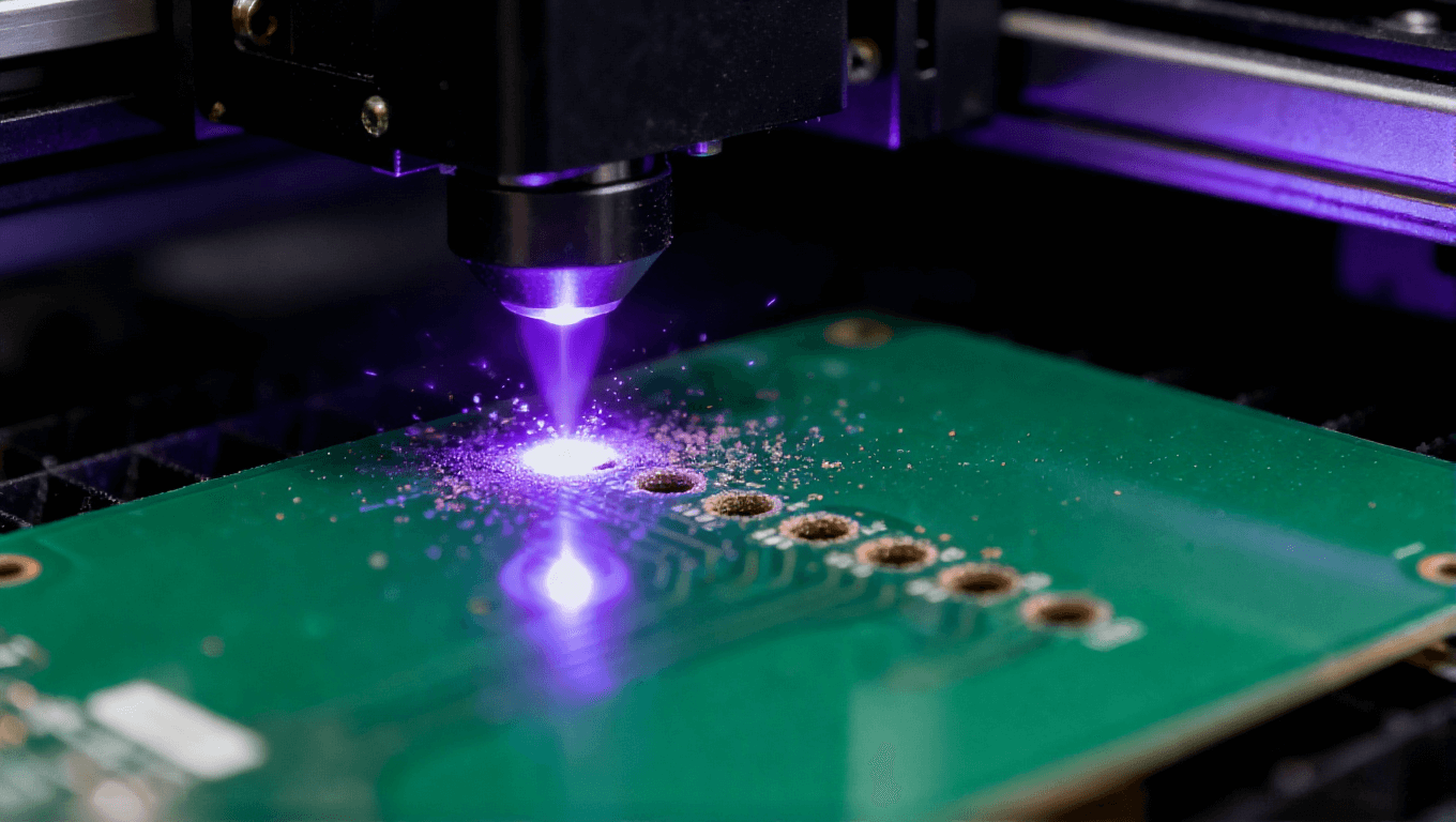 激光钻孔机在HDI板上形成微孔的高科技制造场景