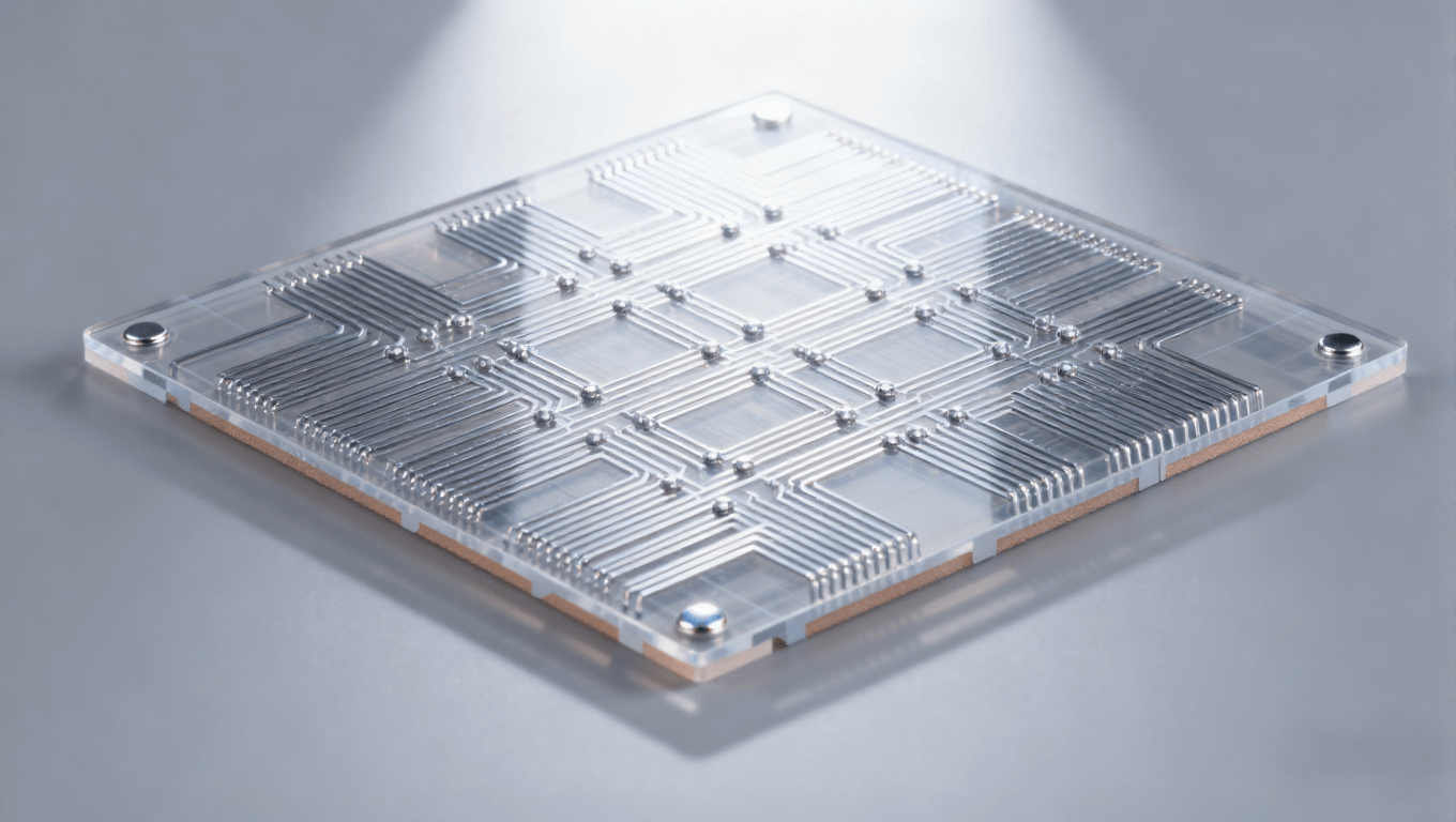 Mini LED驱动板mSAP工艺精细线路特写,展示透明PCB基板与银铜色细密线路,高端PCB线路细节图 Mini LED驱动板mSAP工艺精细线路特写,展示透明PCB基板与银铜色细密线路,高端PCB线路细节图