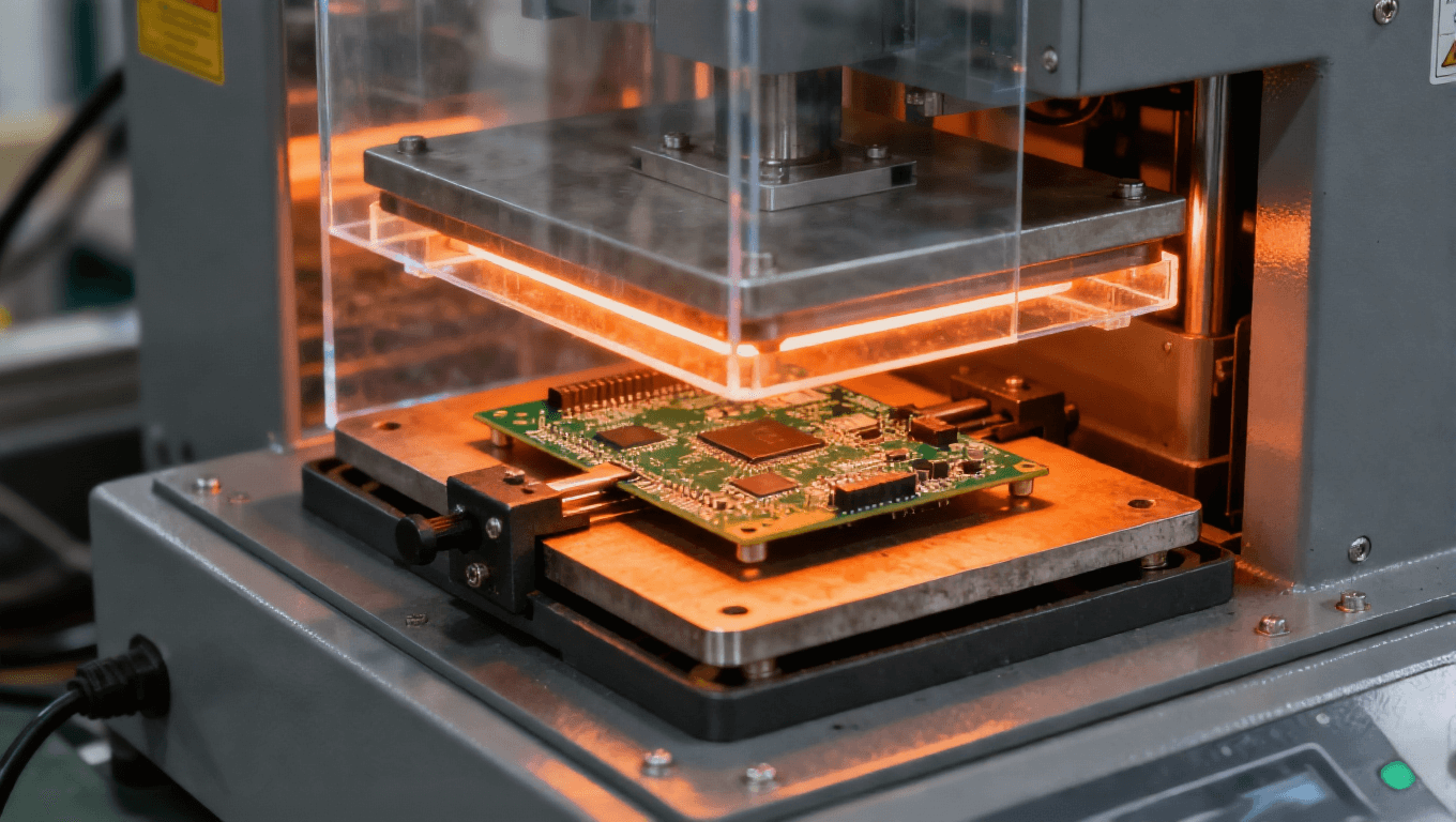 热压矫正机对电路板进行恒温压力矫形内部工作状态