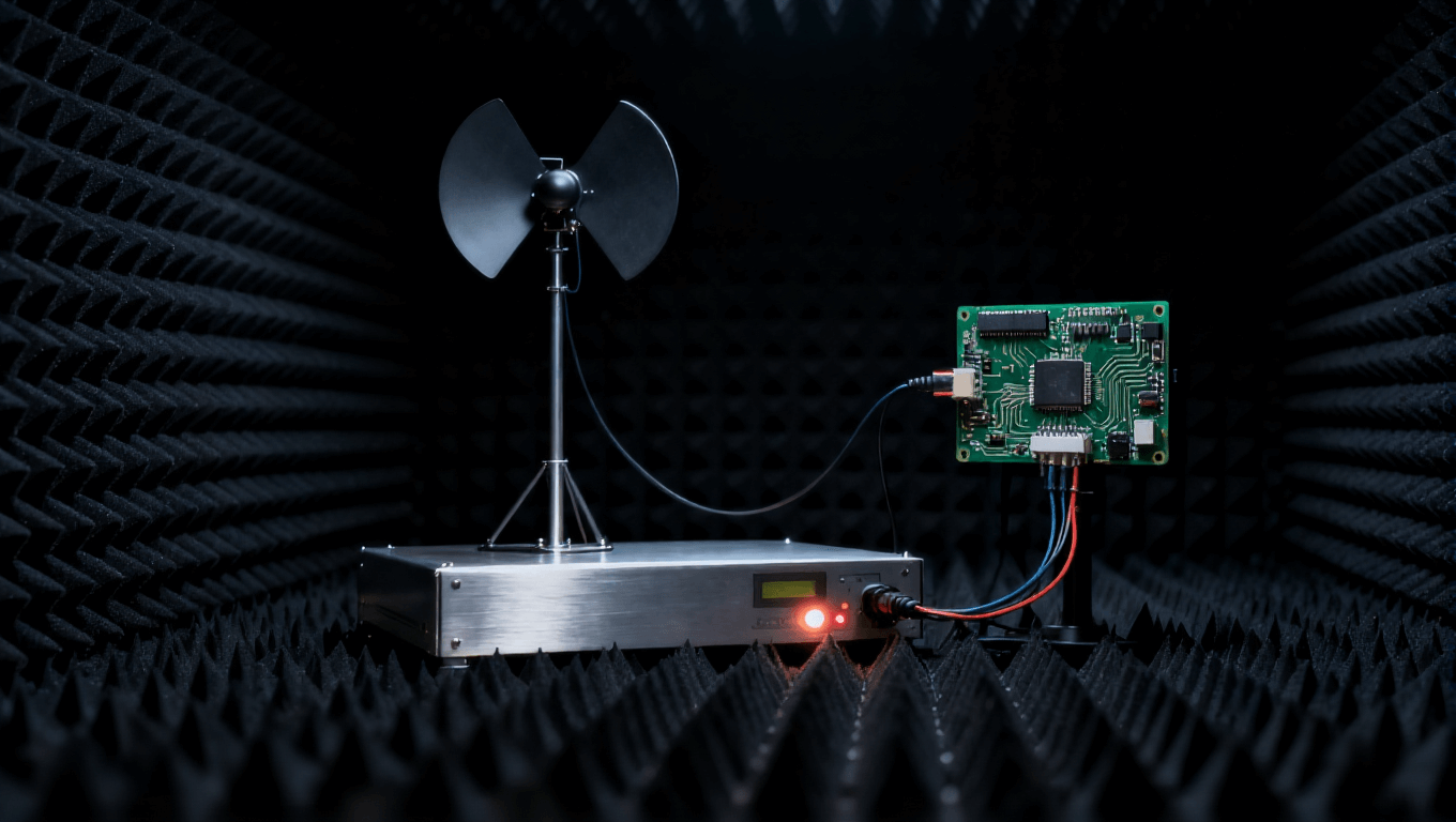 电路板电磁兼容性测试场景,在屏蔽暗室中评估辐射发射与抗干扰能力 电路板电磁兼容性测试场景,在屏蔽暗室中评估辐射发射与抗干扰能力