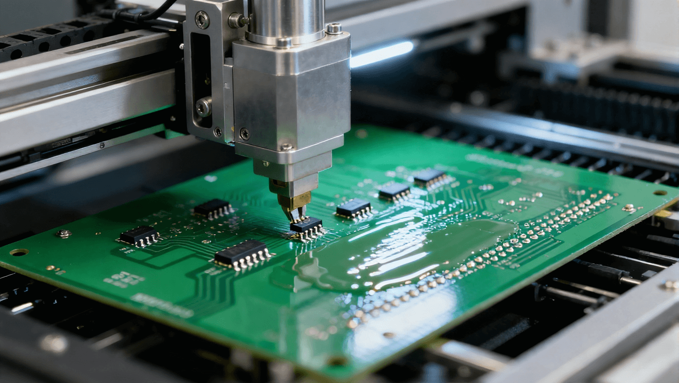 自动化贴片机机械臂抓取元器件,对准绿色 PCB 焊盘的 SMT 贴装工序,焊盘涂有高亮焊膏.png 自动化贴片机机械臂抓取元器件,对准绿色 PCB 焊盘的 SMT 贴装工序,焊盘涂有高亮焊膏.png