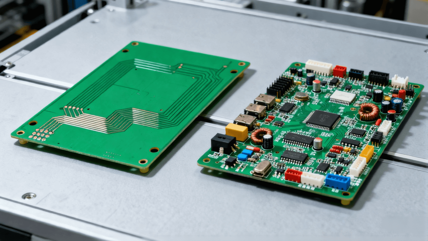左侧绿色 PCB 空板、右侧集成元器件的 PCBA 组件,并列摆放的电子制造对比展示 左侧绿色 PCB 空板、右侧集成元器件的 PCBA 组件,并列摆放的电子制造对比展示