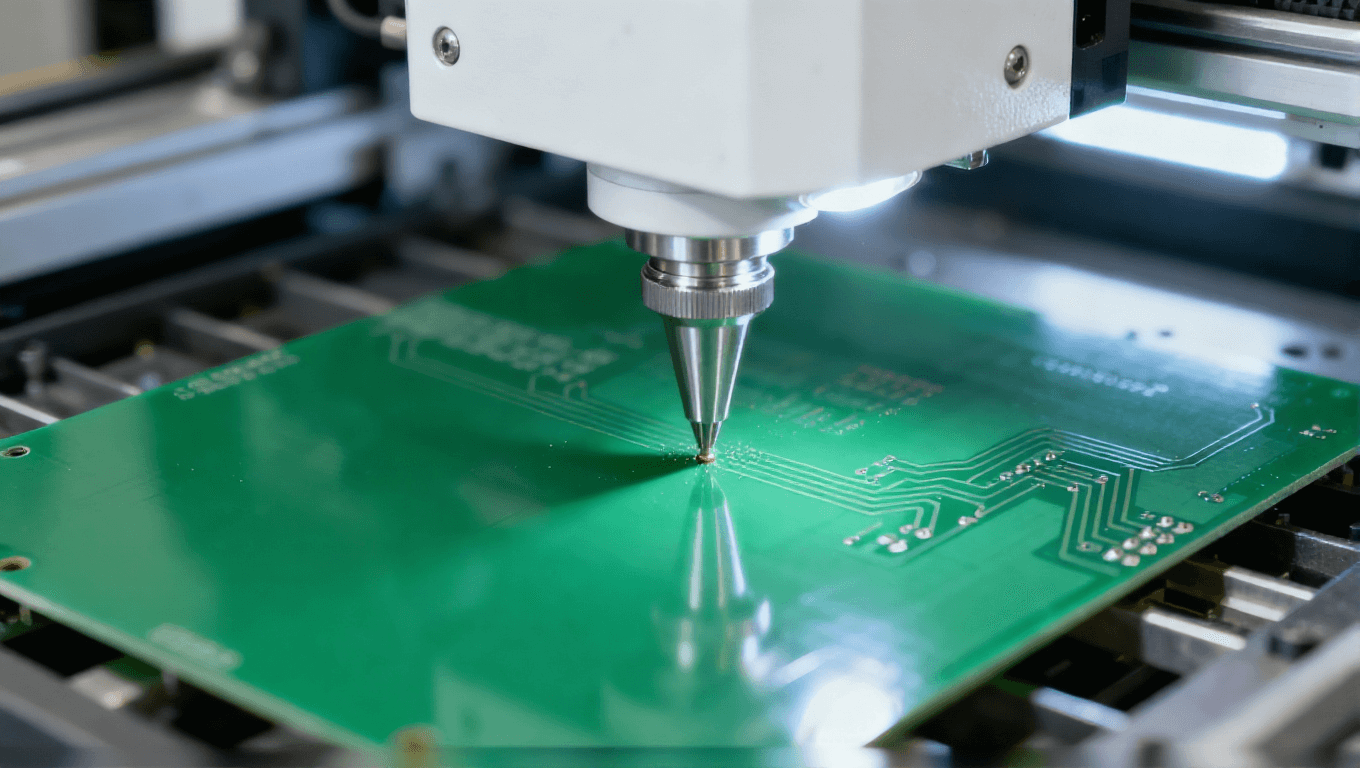 数控钻孔设备对绿色 PCB 基板进行钻孔,冷白光聚焦钻孔点的工业加工场景 数控钻孔设备对绿色 PCB 基板进行钻孔,冷白光聚焦钻孔点的工业加工场景