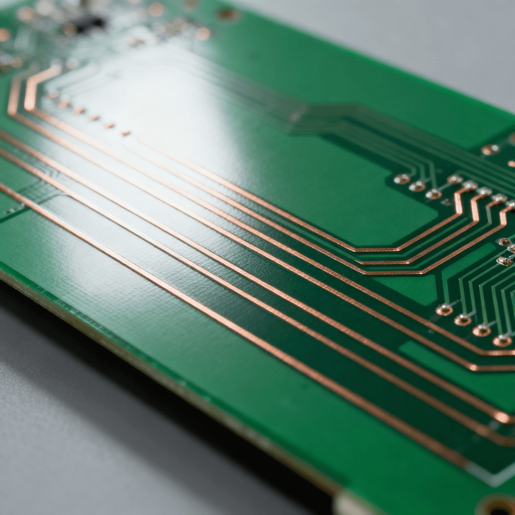 绿色 PCB 印刷电路板特写,表面分布精密铜箔导电线路的硬质电子载体 绿色 PCB 印刷电路板特写,表面分布精密铜箔导电线路的硬质电子载体