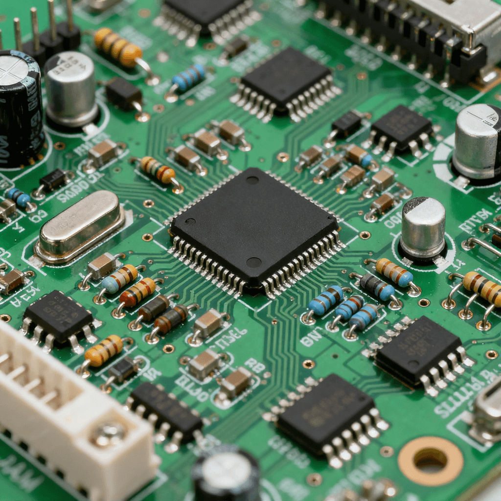 绿色 PCB 基板上集成电阻、电容、芯片的 PCBA 组件,焊点呈现金属光泽 绿色 PCB 基板上集成电阻、电容、芯片的 PCBA 组件,焊点呈现金属光泽