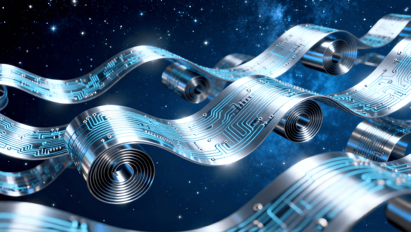 多形态可折叠电路板三维展示,体现超弹性材料支持的卷曲、螺旋等未来设备形态 多形态可折叠电路板三维展示,体现超弹性材料支持的卷曲、螺旋等未来设备形态