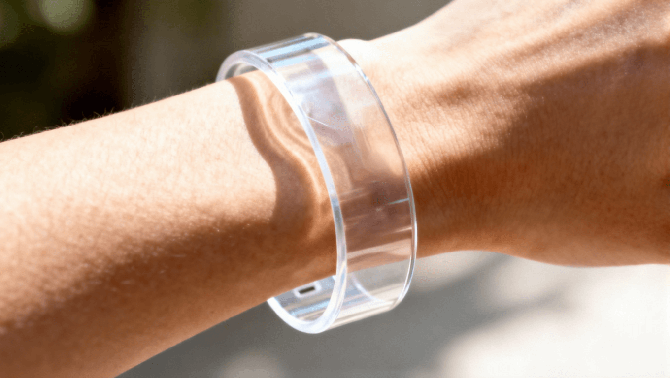 集成超弹性电路的可穿戴设备在手腕上的应用，体现其柔韧性与舒适度