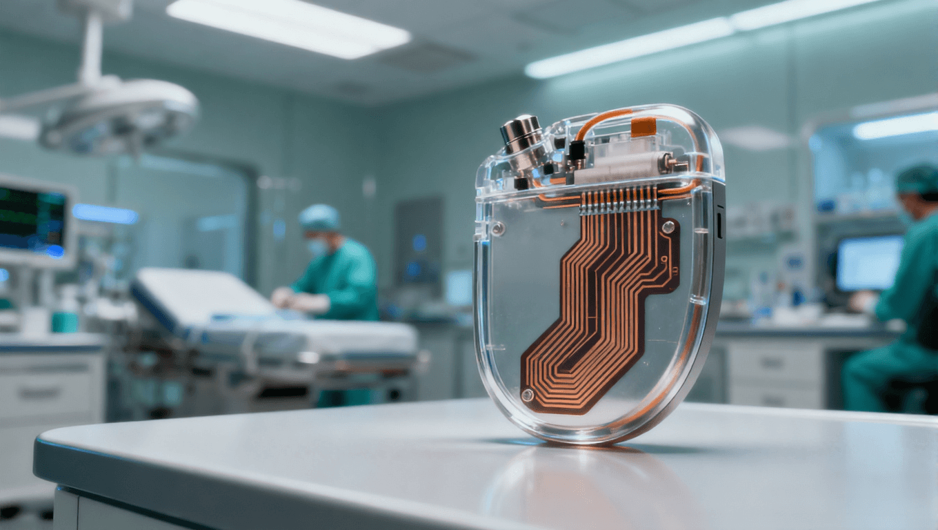 洁净医疗环境中的植入式心脏起搏器，聚焦内部 PI 薄膜电路板的精密结构