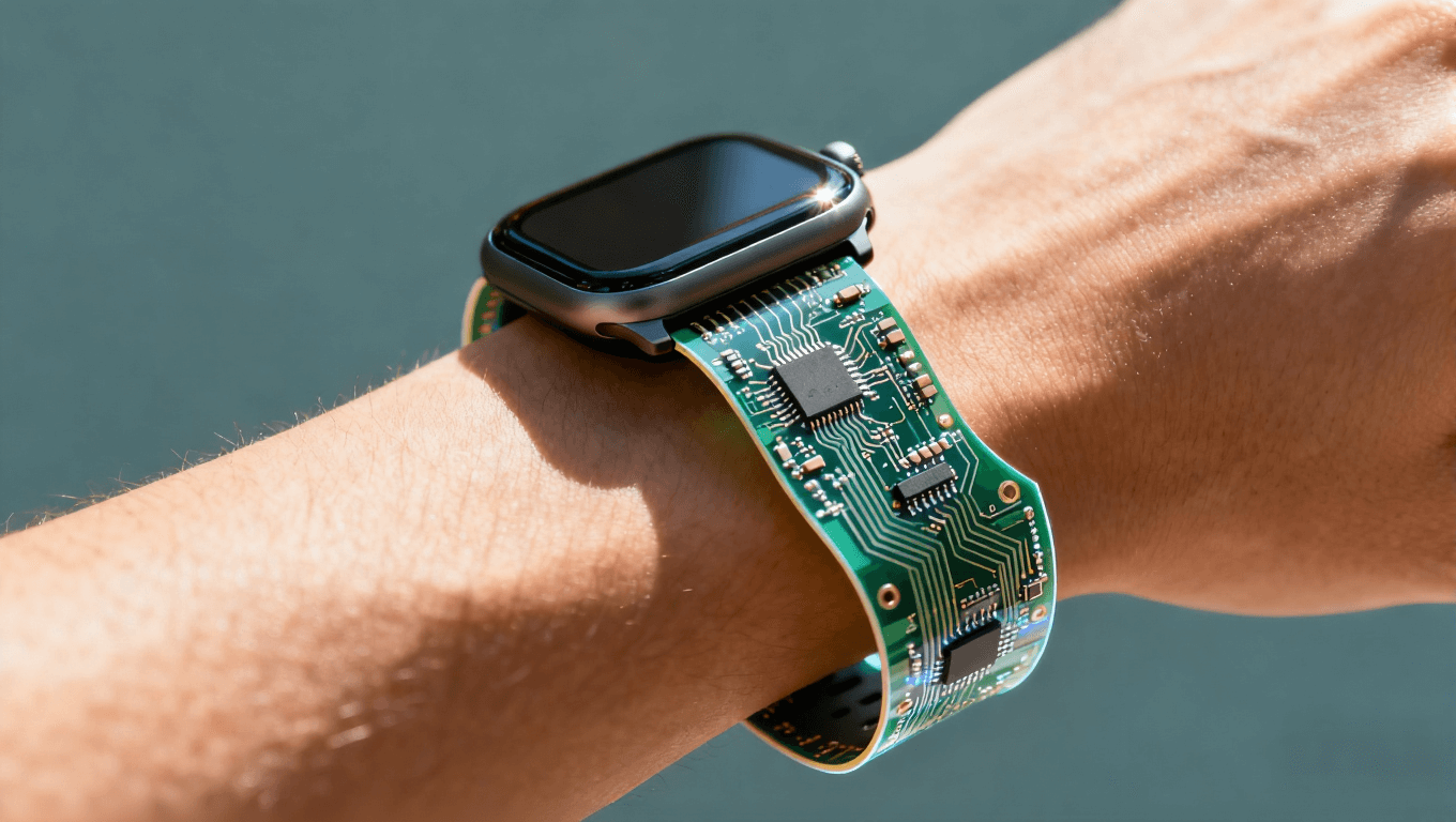 佩戴在手腕上的智能手表，电路板集成于表带，突显弯曲设计
