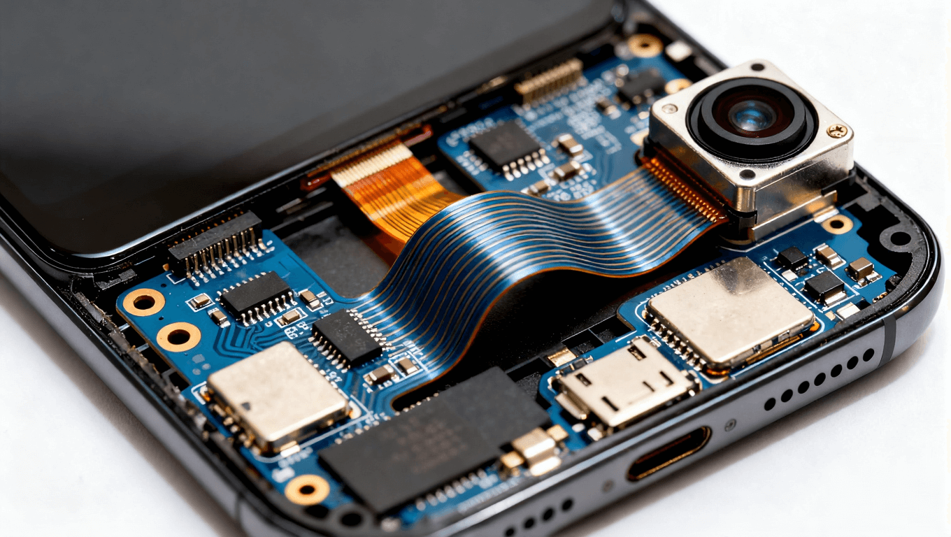 部分拆解的现代智能手机，灵活电路板绕过摄像头模块，体现紧凑集成设计