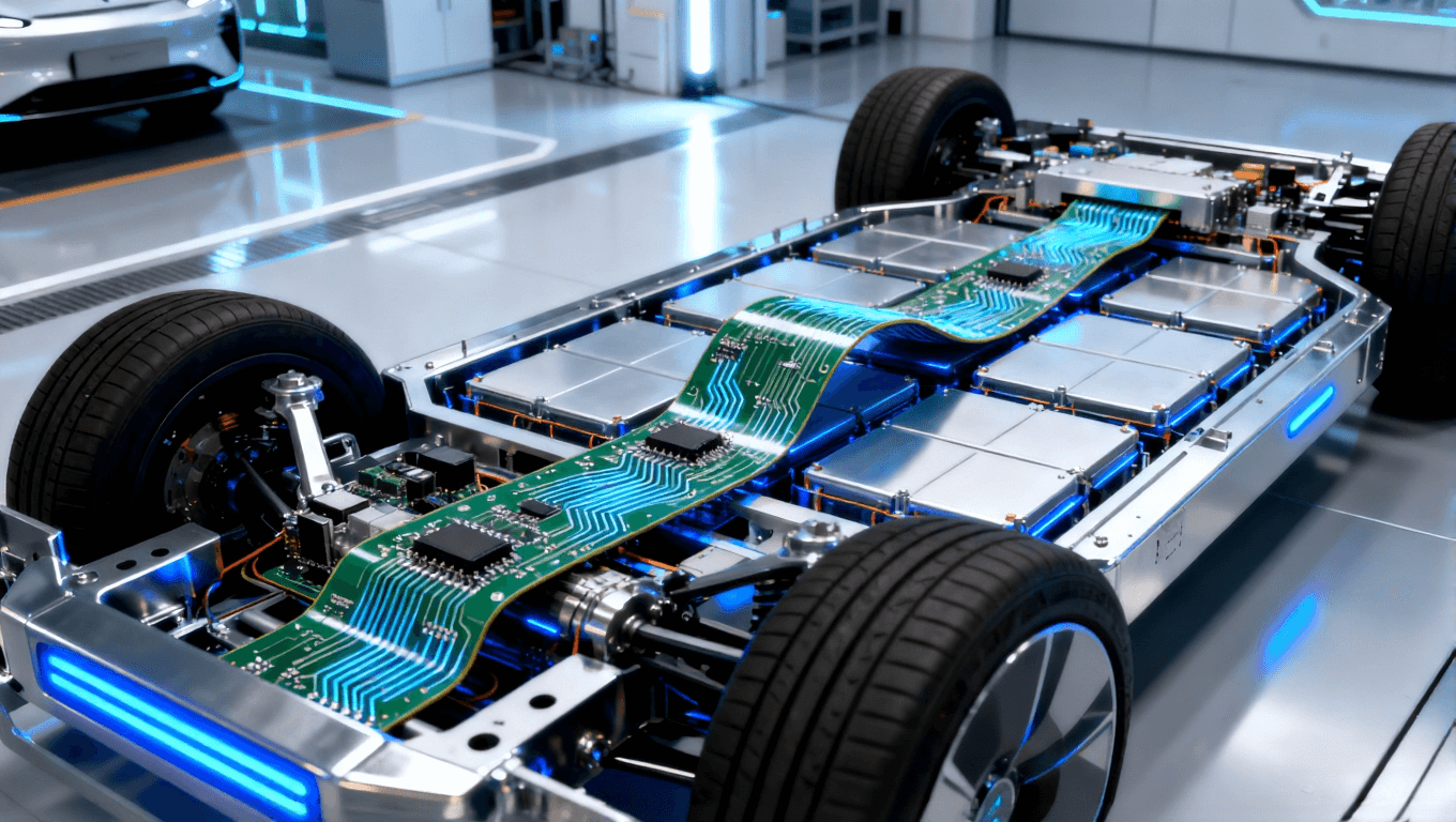 电动汽车电池包内部，灵活电路板穿过电池单元间隙，展现空间效率