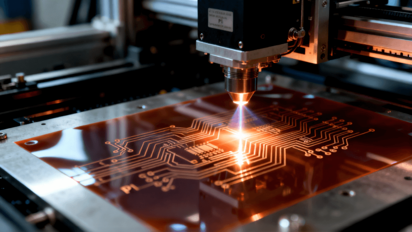 工业环境下的激光直接成型工艺，激光束在 PI 薄膜上精确形成电路