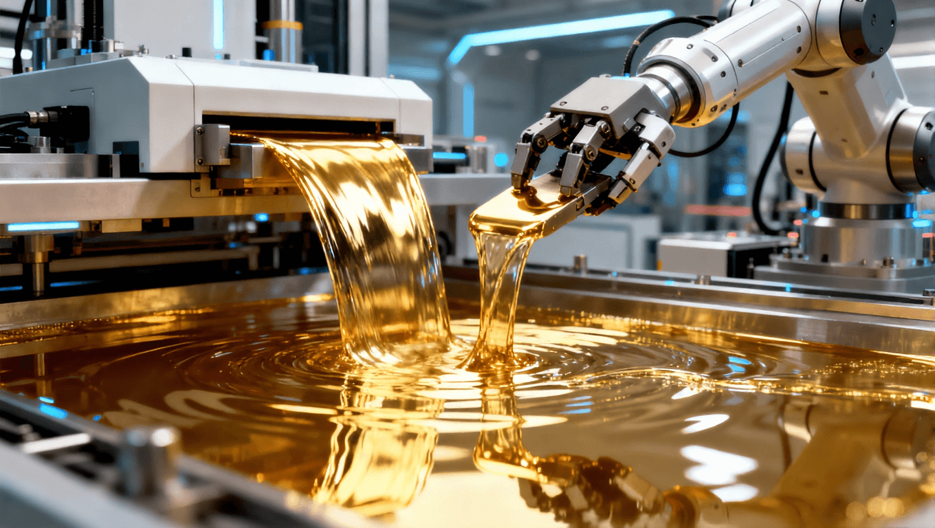 未来高科技的PCB镀镍金工艺,展示无氰镀金技术与自动化生产线,机器人臂操作现代化设备 未来高科技的PCB镀镍金工艺,展示无氰镀金技术与自动化生产线,机器人臂操作现代化设备