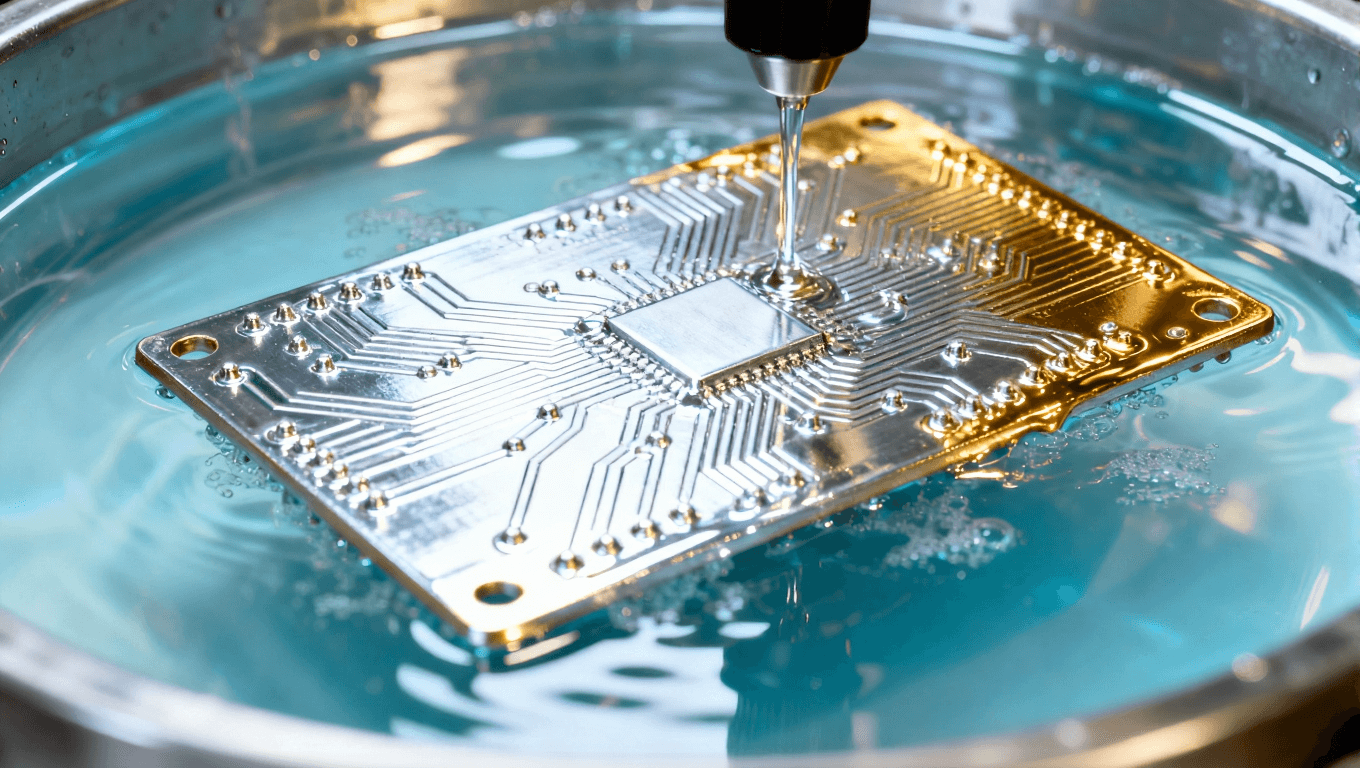 电路板镀镍金过程中的细节,显示镀层的均匀性与光泽 电路板镀镍金过程中的细节,显示镀层的均匀性与光泽