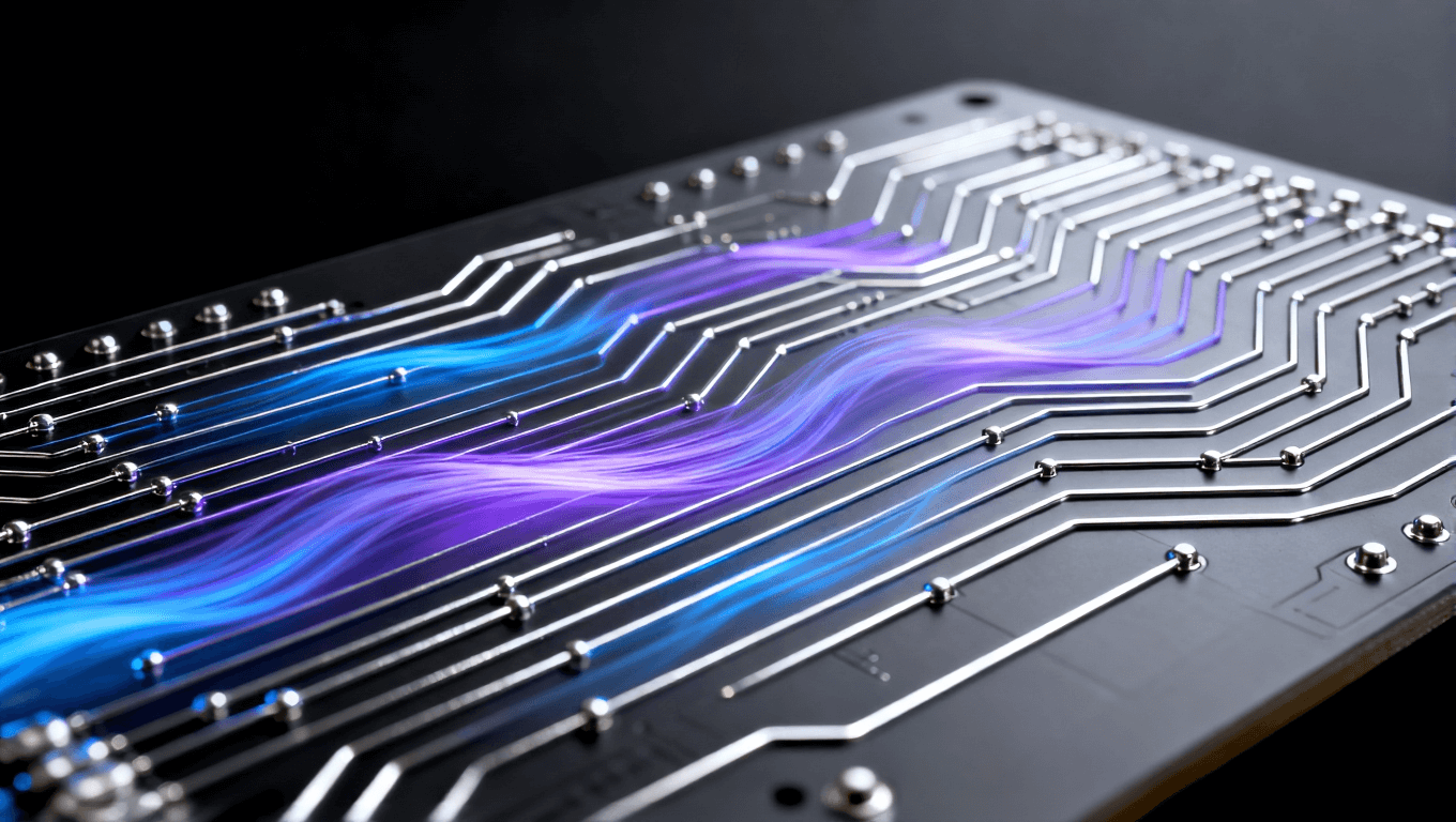 深灰色 PCB 板特写 蓝紫色光带模拟高频信号稳定传输 深灰色 PCB 板特写 蓝紫色光带模拟高频信号稳定传输