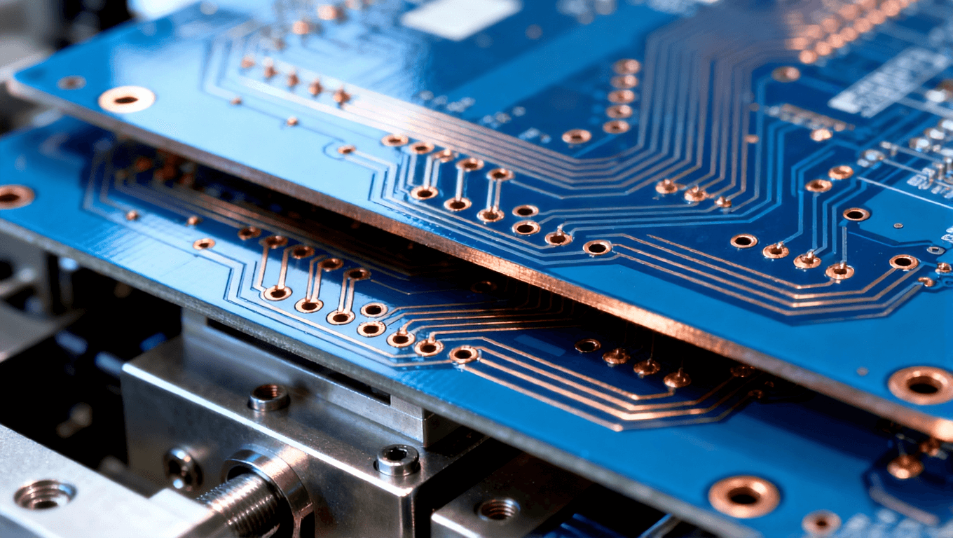 高精度PCB，展示复杂的铜镀层和层间连接，突显制造过程中的精密细节