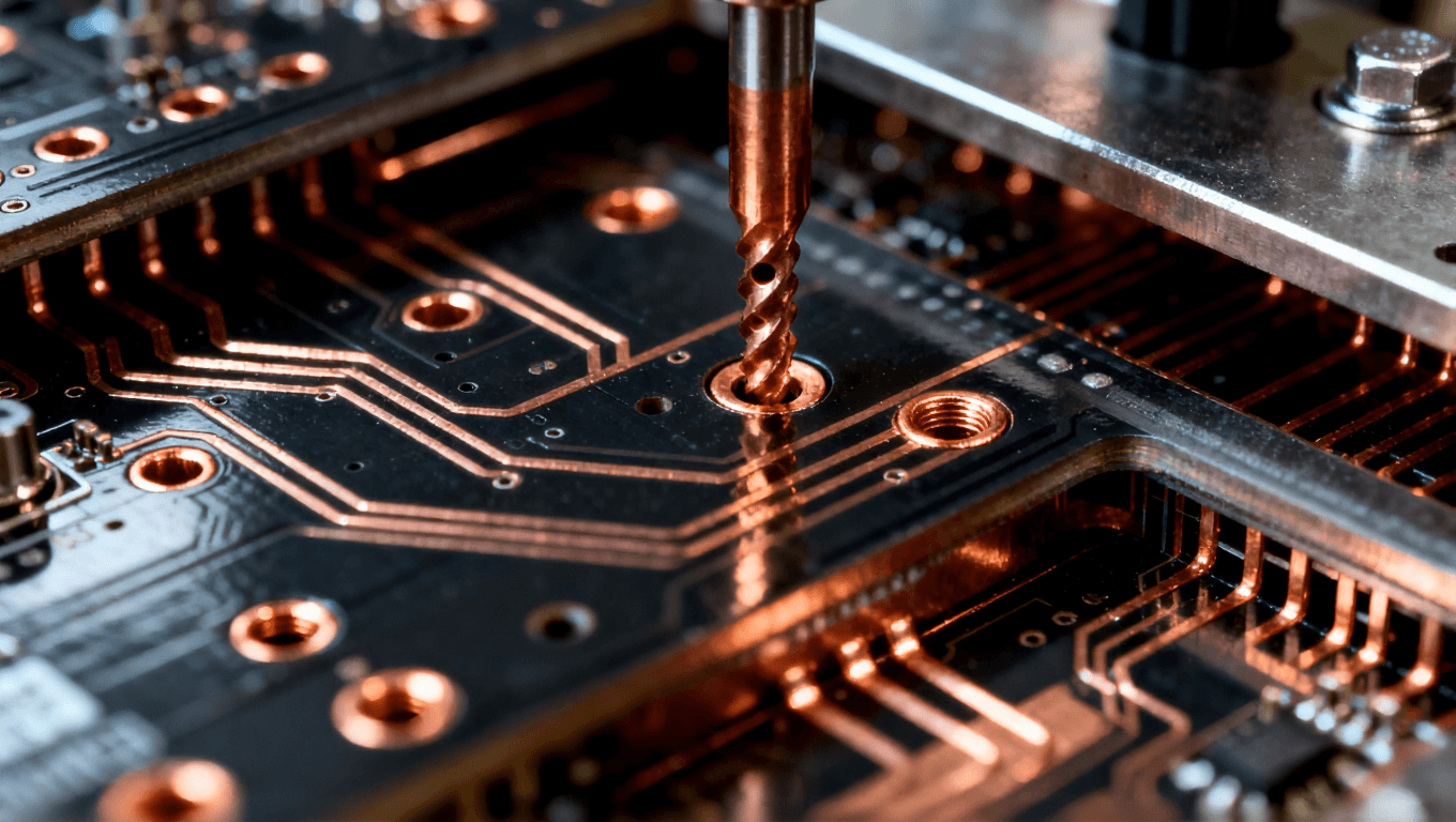 多层PCB的详细视图，展示铜层连接和钻孔，突出层间复杂的导电连接