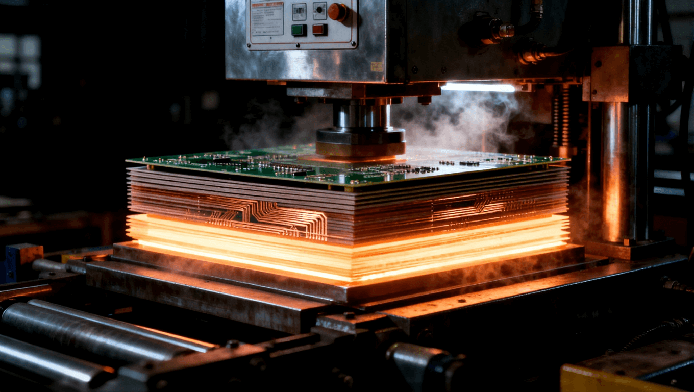 高温高压PCB层压过程，展示PCB层间的精准压合和高压设备