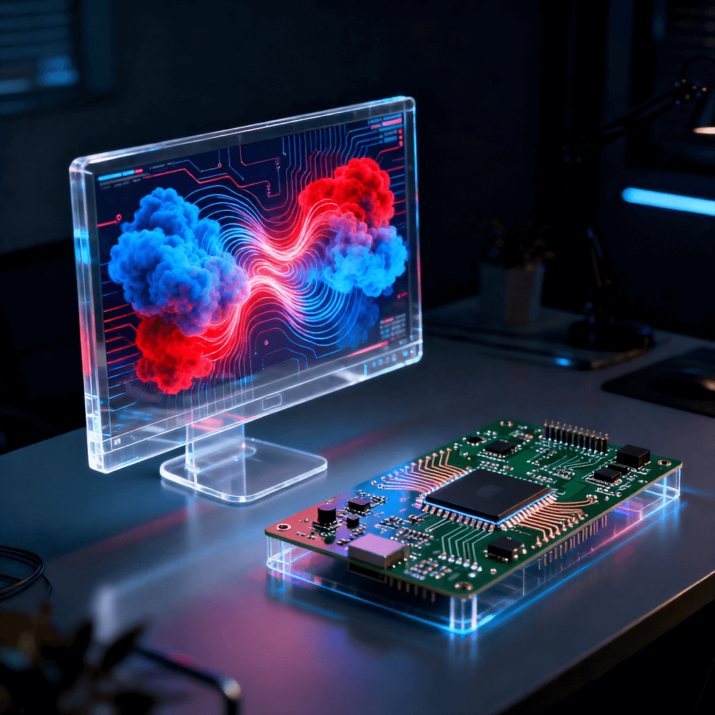 射频电路设计中的电磁仿真软件界面与实体电路板原型对比分析场景 射频电路设计中的电磁仿真软件界面与实体电路板原型对比分析场景