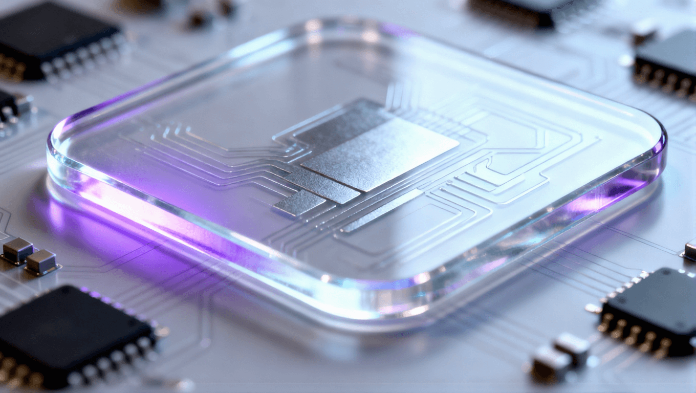 半透明玻璃封装基板内部隐约可见金属线路布局且环绕着微型芯片 半透明玻璃封装基板内部隐约可见金属线路布局且环绕着微型芯片