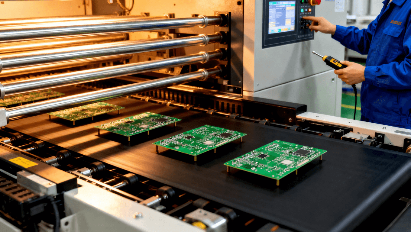 PCB焊接设备校准与维护场景，突出焊接工艺优化中的设备稳定性控制