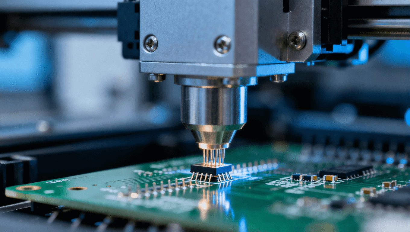 SMT贴装精度操作场景，表现电子制造中元件贴装的精准把控，提升焊接良率的关键步骤