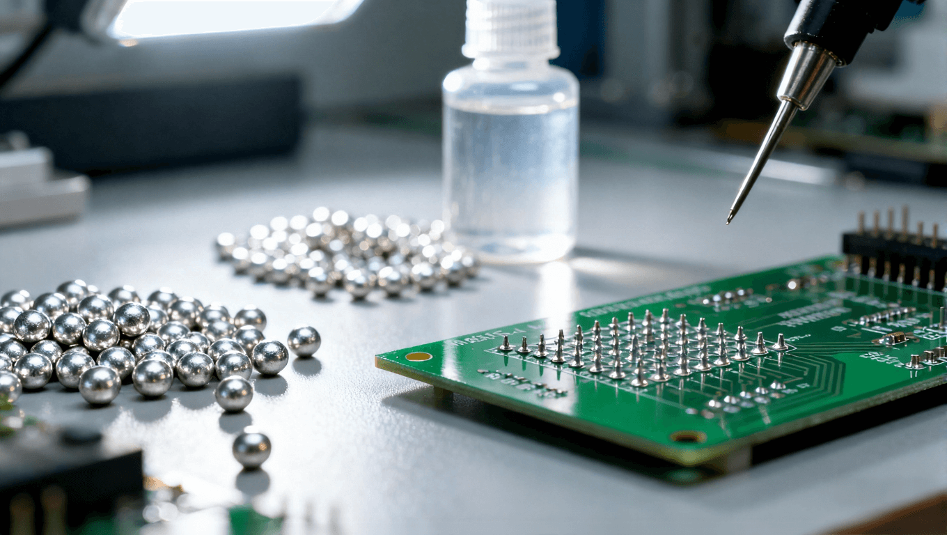 PCB焊接材料选型场景，展示焊料和助焊剂在电子制造中的应用，强调高精度焊接质量控制