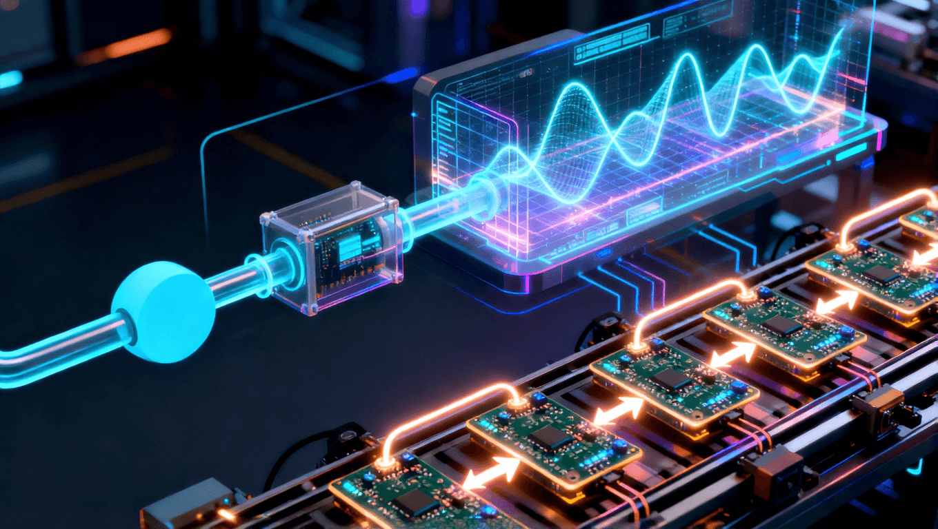 高频板材选型标准化流程抽象图，从需求输入到参数匹配、仿真验证再到批量生产的可视化流程