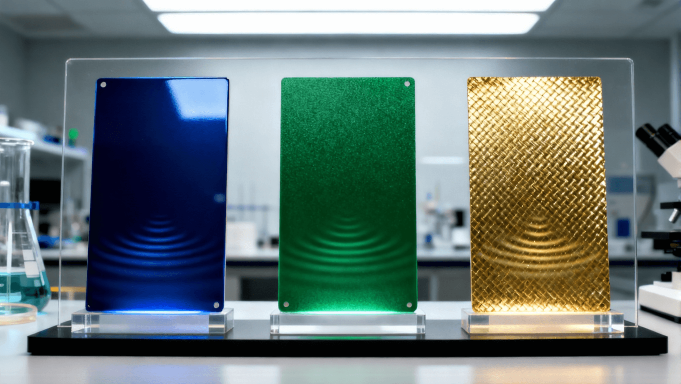 罗杰斯高频板材样品展示，不同介电常数对应的表面质感与能量场，体现参数对信号传输的影响