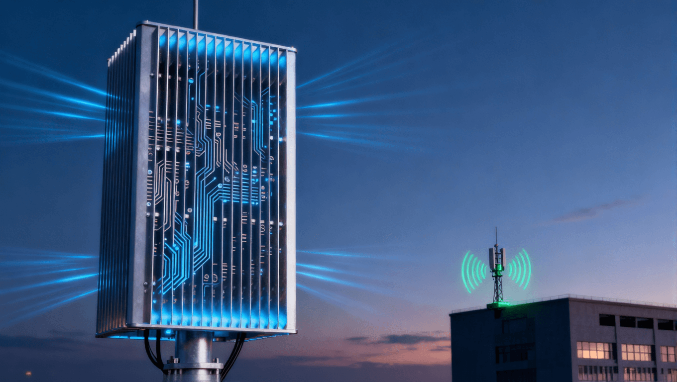 5G宏基站与微基站天线在黄昏环境下的工作场景，蓝色与绿色信号波束展示不同覆盖需求