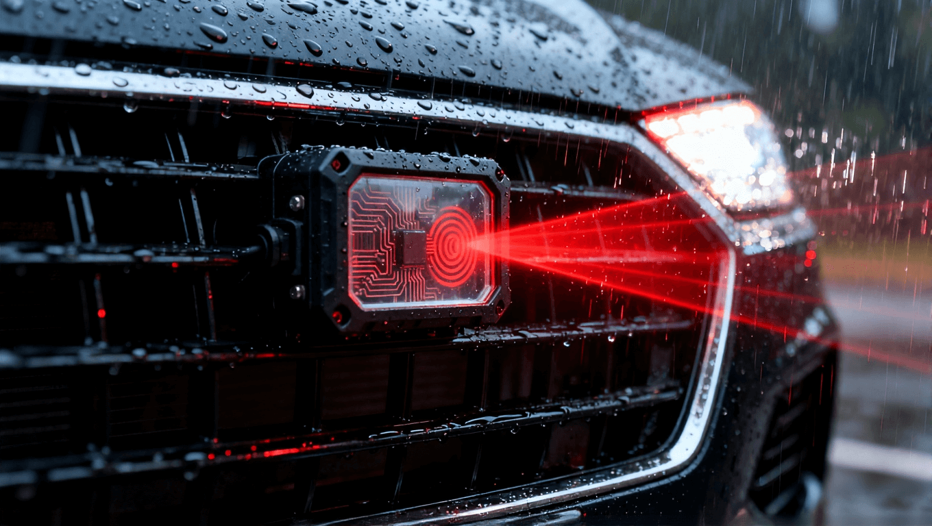 车载雷达模块在雨夜中发射红色波束，强调其在恶劣环境下的密封可靠性及内部高频电路结构