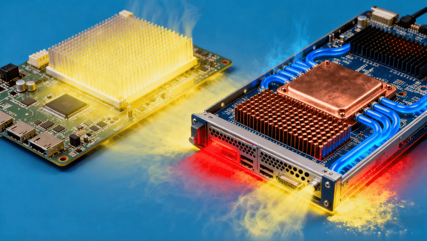 AI服务器PCB复合散热技术应用，展示金属基板、散热过孔与液冷系统在高温环境下的协同工作