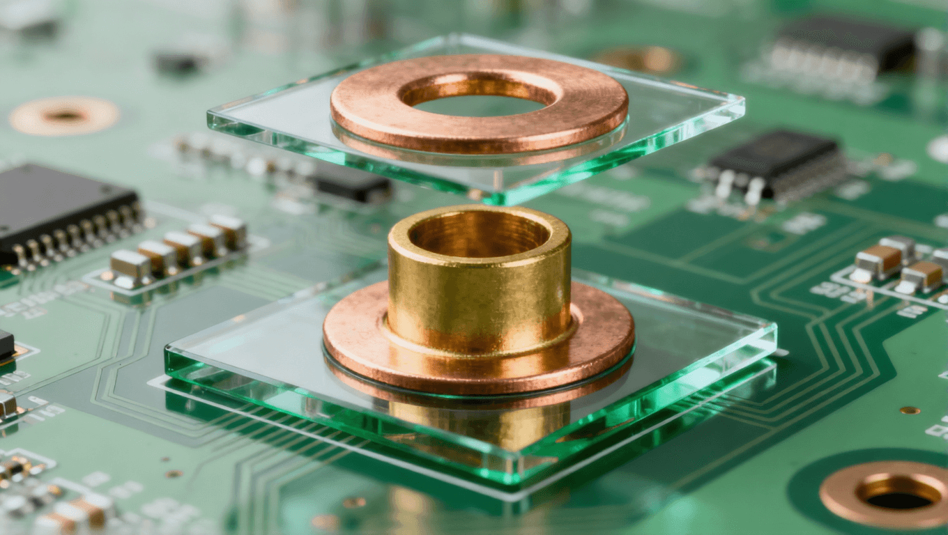 PCB过孔图,分解展示孔壁、焊盘和阻焊层三要素 PCB过孔图,分解展示孔壁、焊盘和阻焊层三要素