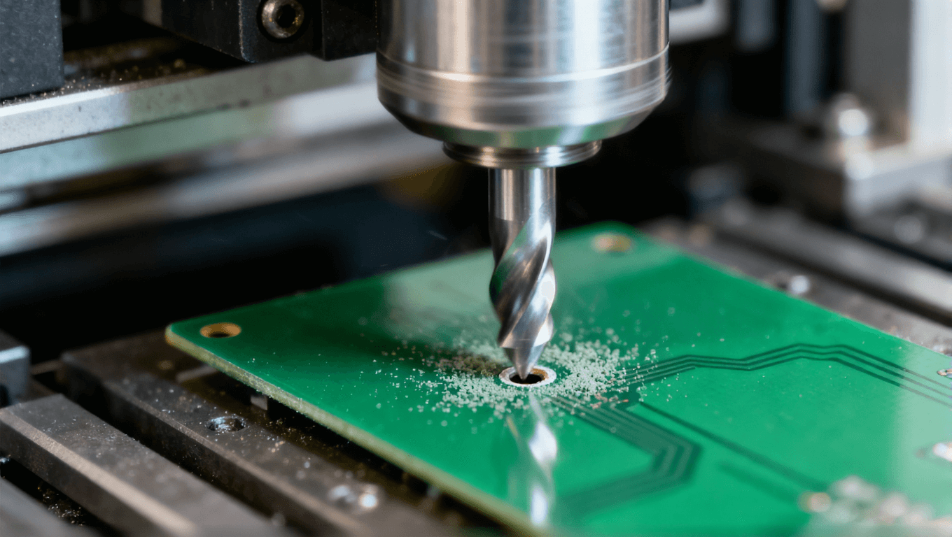 数控钻头在PCB板上钻孔的瞬间,展示一阶过孔制造工艺 数控钻头在PCB板上钻孔的瞬间,展示一阶过孔制造工艺