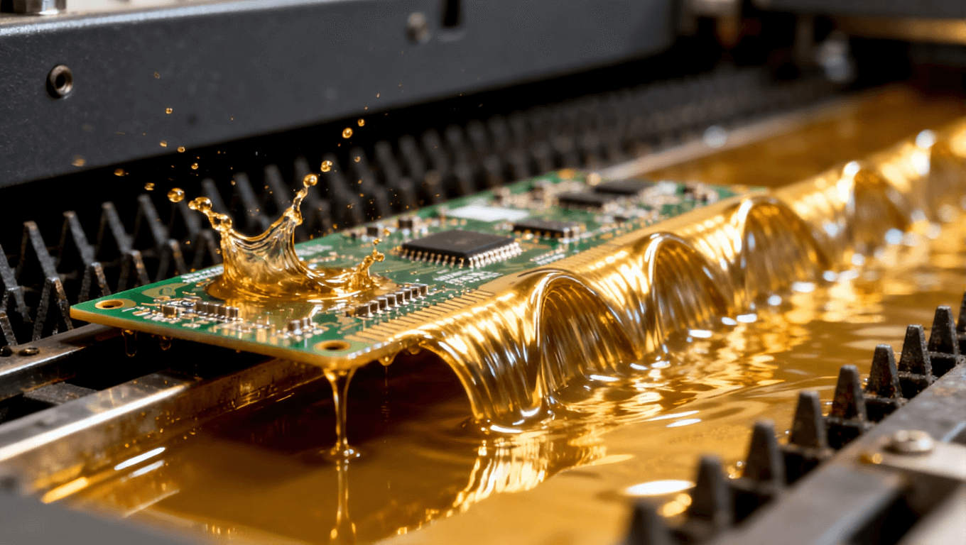 波峰焊过程中液态焊料波峰与PCB接触的动态瞬间,突出焊接工艺的流体特性 波峰焊过程中液态焊料波峰与PCB接触的动态瞬间,突出焊接工艺的流体特性